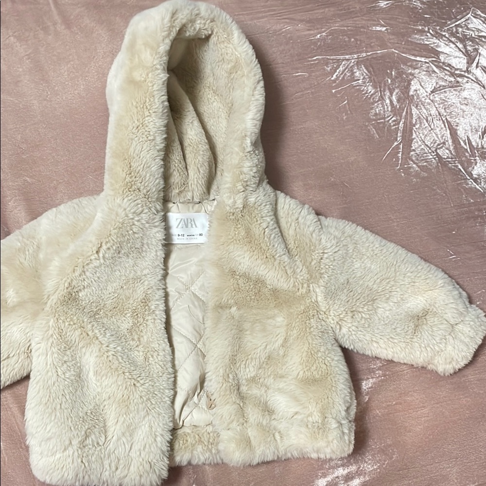 Zara Cream Faux Fur Hooded Jacket